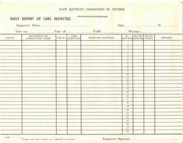 Document - Form/s, State Electricity Commission of Victoria (SECV), "Daily Report of Cars Inspected", late 1960's?