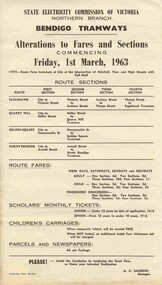 Sign, State Electricity Commission of Victoria (SECV), "Bendigo Tramways Alteration to Fares commencing Sunday, 1st March 1963", Feb. 1963
