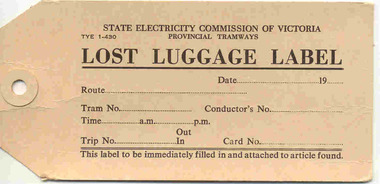 Document - Form/s, Lost Luggage Label, State Electricity Commission of Victoria (SEC), "Lost Luggage Label", 1960's