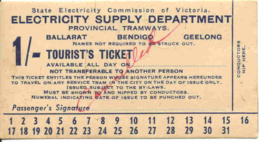 Ephemera - Ticket, State Electricity Commission of Victoria (SECV), "Tourist Ticket SEC 1/", 1937