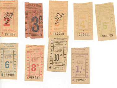 Ephemera - Ticket/s, State Electricity Commission of Victoria (SECV), Set of 9 mixed SEC tickets ex Bendigo, 1963 to 1965