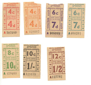 Ephemera - Ticket/s, State Electricity Commission of Victoria (SEC), Set of 7 mixed SEC tickets ex Bendigo decimal conversion, 1966