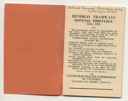 "Official Time Table Bendigo June 1940" - cover