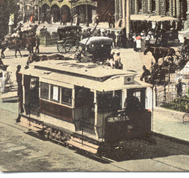 "City Hall and Shoppers Square Ballarat". - close up of tram