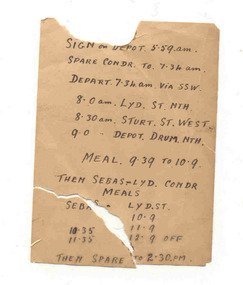 Document - Table Cards (Sheets), State Electricity Commission of Victoria (SEC), SEC form, with handwritten conductor timetable or table sheet, 1940's