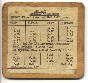 Document - Table Cards (Sheets), State Electricity Commission of Victoria (SECV), Geelong Trams Run 129, 1950's