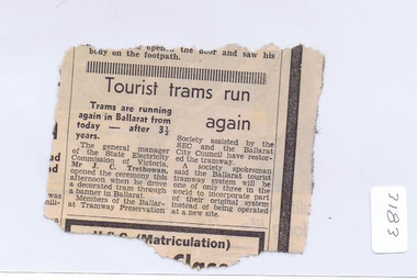 Newspaper, Herald Sun, "Tourist Trams run again", 1/02/1975 12:00:00 AM