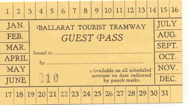 Ephemera - Ticket, Ballarat Tramway Preservation Society (BTPS), "Guest Pass", 1975