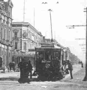 ESCo tram west bound at the intersection of Sturt and Lydiard St. Ballarat, c1906-7 - close up of tram