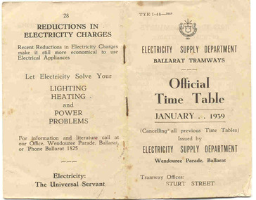Ephemera - Timetable/s, State Electricity Commission of Victoria (SECV), "Official Time Table January 1939", Dec. 1938