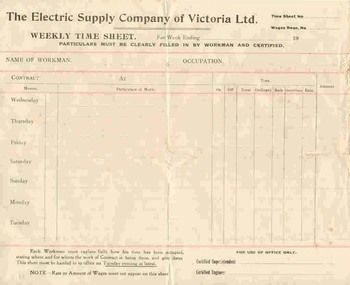 Document - Form/s, Electric Supply Co. of Vic (ESCo), "Weekly Time Sheet", 1910?