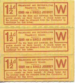 Ephemera - Ticket/s, Melbourne and Metropolitan Tramways Board (MMTB), MMTB 1 1/2d pre-purchased tickets, 1930's?