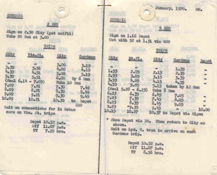 Table card - Sundays Motorman and Conductors - sample