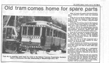 Newspaper, The Courier Ballarat, "Old tram comes home for spare parts", 8/04/1986 12:00:00 AM