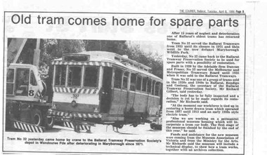 "Old tram comes home for spare parts"