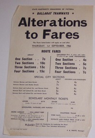Poster, State Electricity Commission of Victoria (SECV), "Alteration to Fares", Aug. 1966