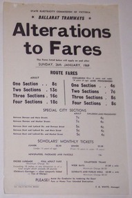Poster, State Electricity Commission of Victoria (SECV), "Alteration to Fares", Jan. 1966