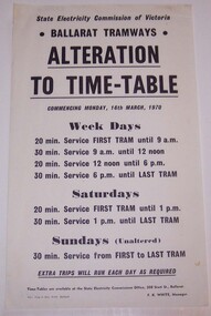 Poster, State Electricity Commission of Victoria (SECV), "Alteration to Time-Table", Mar. 1970