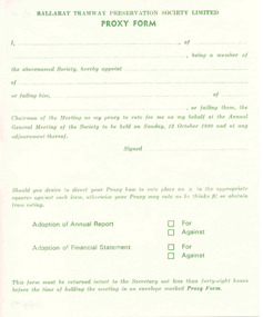 Document - Form/s, Ballarat Tramway Preservation Society (BTPS), "Proxy Form", Oct. 1980