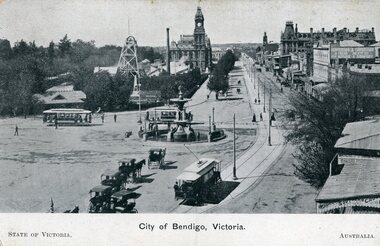 Postcard, State of Victoria, Charing Cross Bendigo with three trams, 1908