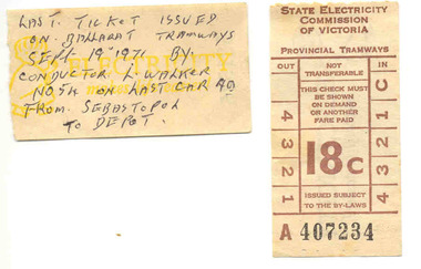Ephemera - Ticket/s, State Electricity Commission of Victoria (SECV), Two SEC tickets - 18c and 16c. - last day, 1969