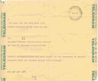 Ephemera - Telegram, Australia Post, Australian Post Office Telegram - BTPS re-opening, 31/01/1975 12:00:00 AM
