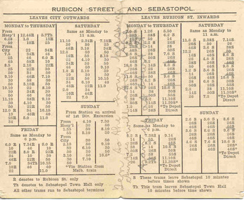 Ephemera - Timetable/s, Electric Supply Co. Vic (ESCo), "Ballarat Tramways Rubicon Street and Sebastopol Time Table.", 1920's