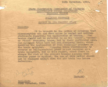 Document - Instruction, State Electricity Commission of Victoria (SECV), "Braking", Nov, 1950