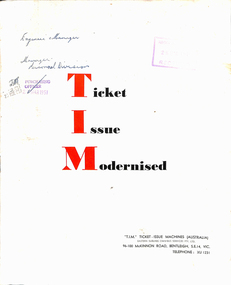 Manual, TIM - Ticket Issue Machines (Australia) and  Bentleigh, "Ticket Issue Modernised", c1950