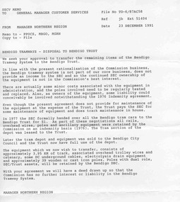 Administrative record - Memorandum, State Electricity Commission of Victoria (SECV), "Bendigo Tramways - Disposal to Bendigo Trust", 23/12/1991 12:00:00 AM