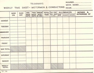 Document - Form/s, State Electricity Commission of Victoria (SECV), "Weekly Time Sheet - Motormen and Conductors", 1960's