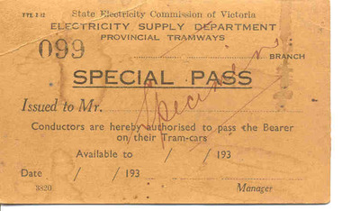 Ephemera - Ticket/s, State Electricity Commission of Victoria (SECV), "Special Pass", Mid 1930's