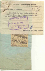 Newspaper, Geelong Advertiser, "Tramway Talks on Thursday", "Transport Services", "First Aid Team in Final", 28/10/1952 12:00:00 AM