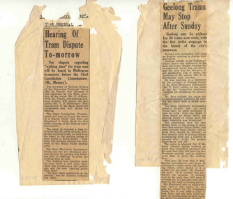 Newspaper, Geelong Advertiser, "Geelong Trams May Stop After Sunday", "Hearing Tram Dispute tomorrow", Mar. 1953