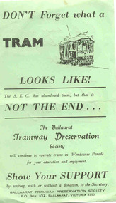 Pamphlet, Ballarat Tramway Preservation Society (BTPS), "Don't forget what a tram looks like!", early 1970's