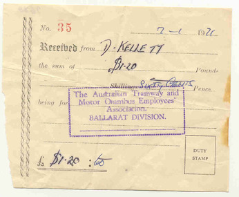 Financial record - Receipt/s, Dave Kellett, payments of Union fees, mid 1960's