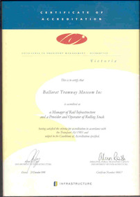 Certificate - Framed Certificate, Department of Infrastructure, BTM Rail Safety Accreditation 1998, 21/12/1998 12:00:00 AM