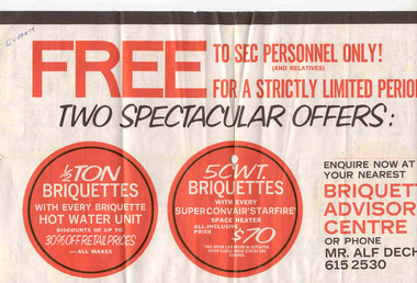 Pamphlet, advertising free briquettes to SEC employees, late 1960's