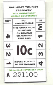 Ephemera - Ticket, Ballarat Tramway Museum (BTM), COTMA Conference Ballarat 2000, Nov. 2000