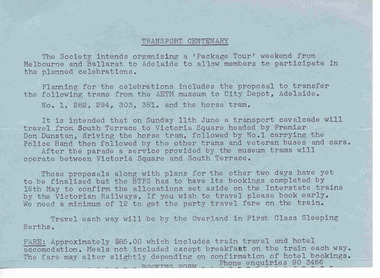 document - Circular, Ballarat Tramway Preservation Society (BTPS), "Transport Centenary", May. 1978