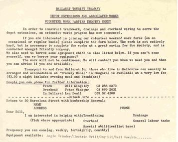 document - Circular, Ballarat Tramway Preservation Society (BTPS), "Volunteer Work Party Enquiry Sheet", c1979