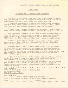 document - Circular, Ballarat Tramway Preservation Society (BTPS), "An Appeal to All members and Supporters", c1978