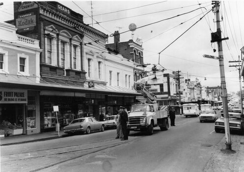 Removal of tramway overhead wire, Bridge & Main Sts