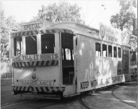 SECV Ballarat 21 Trambulance, outside depot shed.