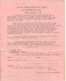 Document - Form/s, Ballarat Tramway Preservation Society (BTPS), Lake Wendouree Tram tour booking, May. 1971