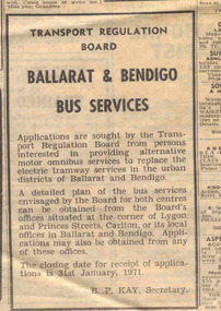 Newspaper, Transport Regulation Board, "Ballarat & Bendigo Bus Services", 1970