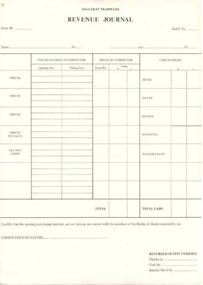 Document - Form/s, Ballarat Tramway Preservation Society (BTPS), "Revenue Journal", mid 1970's