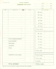 Document - Form/s, Ballarat Tramway Preservation Society (BTPS), "Summary of Pay-In", Jul, 1978