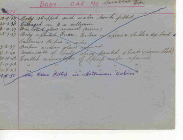 Administrative record - Tramcar - Record Card, State Electricity Commission of Victoria (SECV), "Body Car No. Scrubber", 1934 and 1950