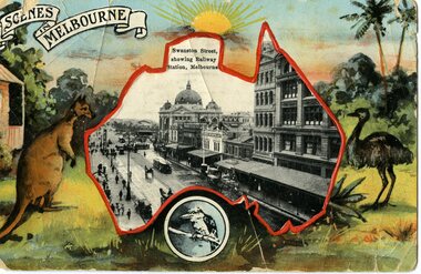 Postcard, Swanston St Melbourne, showing Flinders St station, 1913